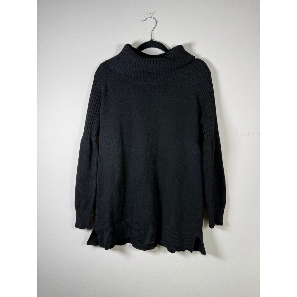 Womens Black Cowl Neck Sweater Ribbed Raglan Long Sleeve Tunic Knit Side Slits